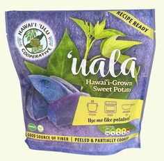 a bag of hawaiian sweet potato chips sitting on top of a white tablecloth with purple and green leaves