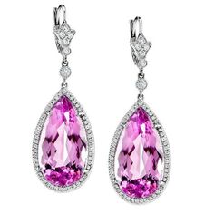 Pear Cut Pink Kunzite And Diamond Dangle Earring Pair White Gold Gemstone Earring Round Cut Diamond Earrings, Pink Diamond Jewelry, Zipper Jewelry, Pink Kunzite, Diamond Dangle Earrings, Tourmaline Jewelry, Turkish Jewelry, Exclusive Jewelry, Pink Gemstones