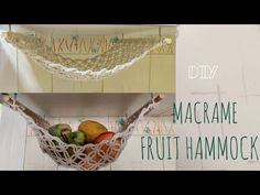 an image of macrame fruit hammock hanging on the wall with text overlay