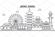 the japan skyline with ferris wheel and pagodas in black and white, on a white background