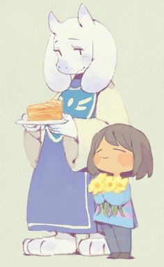 a drawing of a girl holding a plate with a cat on it and another person standing next to her