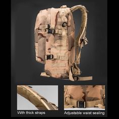 the back side of a backpack with multiple straps and buckles, showing different angles