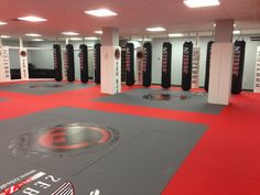 a gym with red carpet and black punching bags