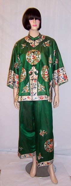 Chic Chinese Embroidered Jacket and Pants Ensemble in Vibrant Green Silk Chinese Embroidered, Crochet Lace Shorts, Culture Clothing, Adult Pajamas, Chinese Clothing, Embroidered Jacket, Vibrant Green, Green Silk, White Silk