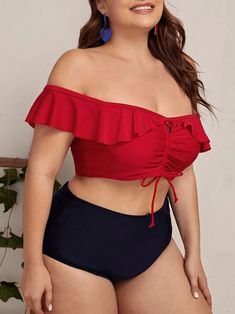 Ruffled Off-shoulder Tie Two-piece Bikini Swimsuit Shopvhs.com Swimsuit Sale, Swimsuits Hot, Ruffle Swimsuit, Red Swimsuit, Womens Bathing Suits, Two Pieces, Womens Swimwear, Bathing Suits, To Play