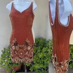 "Vintage glam dress mini beaded sequins rust brown Sz XS. No labels. Fully lined and good condition. Back zipper and built in breast cups size A-B Measurements  Shoulder 15\" Bust 34\" A-B cup Waist 24\" Hips 33\" Length 32\"" Glamorous Sleeveless Brown Dress, Brown Sequined Dress For Party, Brown Sequined Dress For Night Out, Formal Brown Embellished Dress, Elegant Brown Sequin Dress, Fitted Brown Embellished Dress, Vintage Glam Dress, Glam Dress, Vintage Glam