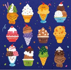 an assortment of ice creams on a blue background