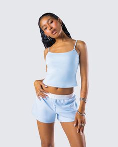 A little downtime is needed sometimes 💅 Look your best even on your casual days in this two-piece set featuring a blue cami tank top and a pair of blue boy shorts 💙 Sporty Blue Short Top, Blue Summer Top, Short Length, Blue Summer Top In Short Length, Summer Blue Top In Short Length, Blue Summer Loungewear Short Set, Blue Summer Short Set For Loungewear, Blue Short Set For Summer Loungewear, Sporty Short Length Sleepwear For Summer, Sporty Short Sleepwear For Summer