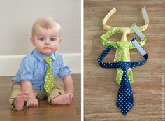 a baby is wearing a tie and sitting on the floor next to an image of a child's necktie