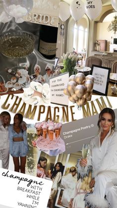 a collage of photos with champagne in the background and balloons all around it that say champagne man