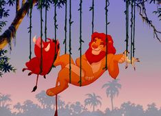 the lion and the mouse are hanging on strings in front of some palm trees,