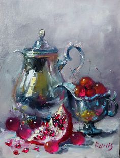 a painting of a silver tea pot and bowl with cherries on the table next to it