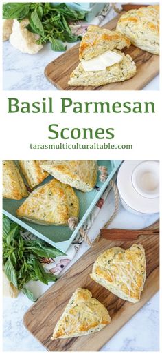 Basil Parmesan Scones on a wooden board with butter. Basil Baked Goods, Strawberry Basil Scones, Basil Baking Recipes, Scones Savory Recipe, Herb Scones Recipe, Basil Breakfast Recipes, Desserts With Basil, Baking With Basil, Savory Scone Recipes