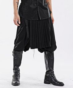 Dark Black Men's Pleats Wrap Skirt // Wear it with Drop Crotch Pants – Ofelya Boutique Fitted Techwear Bottoms For Spring, Winter Black Bottoms With Pleated Skirt, Winter Black Pleated Skort Bottoms, Winter Black Pleated Skirt Bottoms, Black Pleated Skirt For Streetwear, Black Pleated Skirt For Alternative Fashion, Fitted Techwear Bottoms For Workwear, Black Pleated Pants For Spring, Spring Black Pleated Pants