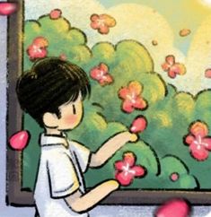 a young boy standing in front of a painting with flowers on it's frame