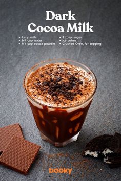 an advertisement for dark cocoa milkshake with chocolate cookies