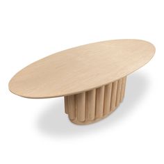 an oval wooden table with columns in the center and circular base on one side, against a white background