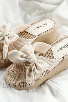 Lasaky - Stylish Beachwear: Imitation Straw Woven Sole Butterfly Knot Wedge Sandal with Heel Slope, Perfect for Casual Outings Casual Beach Wear, Butterfly Knot, Shoes Heel, Color Lines, Wedge Sandal, Beige Color, Wedge Sandals, Sandals Heels, Knot