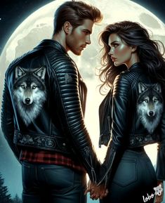 a man and woman standing next to each other in front of a full moon with wolfs on their jackets