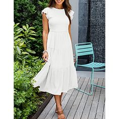 White Ruffled Sleeve Pleated Layered Casual Dress Midi Dress With Ruffle Sleeves For Brunch, White Ruffle Sleeve Midi Dress For Day Out, Solid Ruffled Midi Dress For Day Out, Solid Midi Dress With Ruffles For Day Out, White Casual Midi Dress With Ruffle Sleeves, Cake Skirt, Flowy Midi Dress, Boho Summer, Fashion Pattern