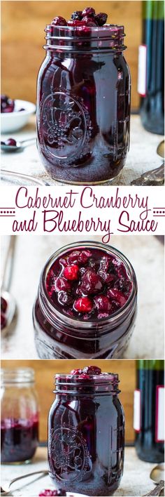 cranberry and blueberry sauce in a glass jar