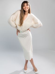 Handmade white fluffy mohair cardigan with an airy, light texture and balloon sleeves. Crafted from cruelty free Kid Mohair and Silk, the cardigan is soft as a cloud and light as air. The balloon sleeves create a flattering and stylish silhouette, while the delicate white color is perfect for any occasion. Whether you're dressing up for a night out or simply want to add a touch of elegance to your everyday wardrobe, the white mohair cardigan is the perfect finishing touch. This product is aligne Sweater With Dress, Handmade Knitwear, Fluffy Sweater, Alpaca Sweater, Mohair Cardigan, Handmade Fashion, Wool Cardigan, Balloon Sleeves, Everyday Wardrobe