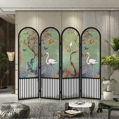 This screen features a solid wood frame paired with vintage-style artwork, adding a touch of classical charm to living rooms, entryways, and more. The foldable design allows for easy mobility and storage, making it perfect for both homes and guesthouses. Not only does it divide spaces, but it also enhances the visual appeal of interiors, offering a unique decorative effect. A Bestiary Living Size: 78.74" H x 94.49" W x 1.57" D, Number of Panels: 4 | A Bestiary Living Vintage Solid Wood Folding S Changing Screen, Folding Screen Room Divider, Wood Shelving Units, Screen Room Divider, Apartment Deco, Folding Room Dividers, Screen Room, Living Vintage, Wood Storage Cabinets