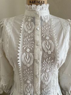 Vintage Blouse With Lace Sleeves, White Fitted Victorian Blouse, Fitted White Victorian Blouse, Victorian Long Sleeve Dress With Historical Design, Vintage White Bishop Sleeve Tops, Vintage White Fitted Lace Top, Vintage Fitted White Lace Top, Spring Victorian Dress In Vintage White, Fitted Bohemian Lace Top For Daywear