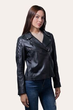 Authentic soft napa lamb leather biker jacket. This clean & iconic silhouette includes details like an asymmetric front closure, wide lapels, diamond quilted parts on top of sleeves, personalized zipper chest pocket, rest pockets with easy access, and dec Quilted Biker Jacket With Long Sleeves For Fall, Quilted Long Sleeve Biker Jacket For Fall, Fitted Quilted Leather Jacket For Winter, Quilted Biker Leather Jacket For Fall, Quilted Fitted Biker Jacket For Fall, Classic Quilted Leather Jacket For Fall, Quilted Long Sleeve Leather Jacket For Work, Fitted Quilted Biker Jacket For Fall, Quilted Leather Jacket For Workwear