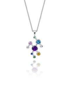 Dendritic Molecule Pendant / Necklace in hallmarked 18ct white gold (with rhodium plating), set with natural Amethyst, Blue Sapphire, Orange Sapphire, Aquamarine, Pink Tourmaline, Green Tsavorite Garnet, and Diamonds.   The design is inspired by the branching pattern of molecules. Supplied in luxury branded box. Some information about me: I am an award-winning designer and jeweller based in London, England, specialising in fine jewellery.  I draw my inspirations from my background in science, an Modern Multi-stone Sterling Silver Gemstones, Modern Multi-stone Gemstones In Sterling Silver, Modern Multi-stone Silver Gemstones, White Gold Multi-stone Pendant Necklace, Platinum Silver Necklace With Gemstone, White Gold Sterling Silver Necklace With Multi-stone, White Gold Sterling Silver Multi-stone Necklace, White Gold Multi-stone Sterling Silver Necklace, Molecule Necklace