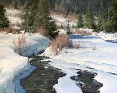 a painting of a river in the snow