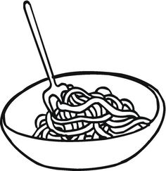 a bowl of noodles with a spoon in it coloring page for kids, printable