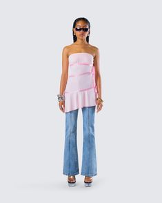 This look is giving us all the nostalgia 🤩 Pairing a pink jersey satin tie top with blue mid rise jeans, this c*nty two-piece set is serving Y2Slay energy at it’s finest 💅 Black Off Shoulder, Graphic Top, White Jersey, Tie Top, Mid Rise Jeans, Two Piece Sets, Pocket Pants, White Mini Dress, Two Pieces