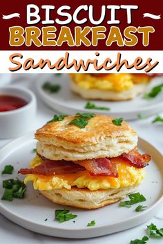 this biscuit breakfast sandwich is loaded with eggs, bacon and cheese it's ready to be eaten