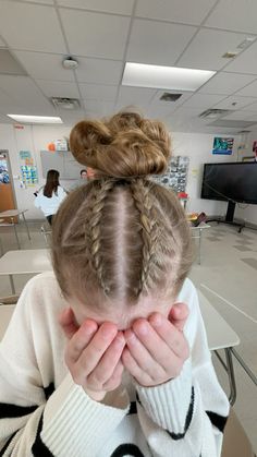 French Braid Sports Hairstyles, Two Plaits Into Bun, Fun Bun Hairstyles, Dragon Bubble Braids, 2 Braids And A Bun, Braided Hairstyles For Teens For School, Easy Gymnastics Hairstyles For Meets, Two Dutch Braids Into Bun, Two French Braids Into Bun