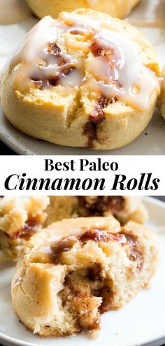 the best palen cinnamon rolls with icing on top are shown in this collage