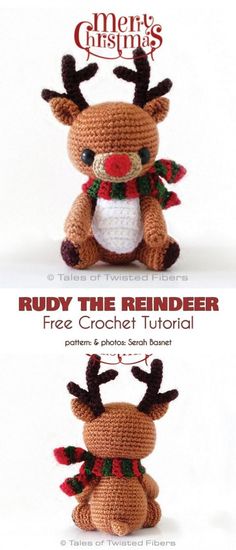 two crocheted reindeers with christmas decorations on them