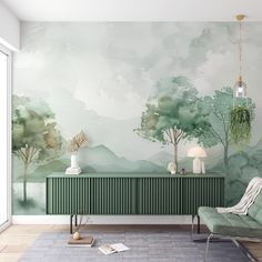 a living room with green and white wallpaper on the walls, an art deco style console