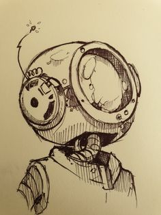 a drawing of a man with a helmet on his head and an object in the background