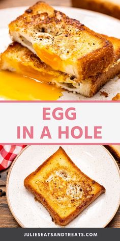 egg in a hole grilled cheese sandwich on a white plate with text overlay