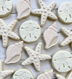 decorated cookies with seashells and starfish on white wood