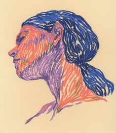 a drawing of a woman's head with blue hair and orange, purple, and pink colors