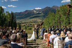 a couple getting married in front of a mountain view with their wedding party looking on