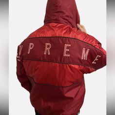 Supreme Bomber Style Jacket With Hood Two Tone Red With White Accents Men’s Size Medium Worn Once Supreme Limited Edition 2019 Supreme Letters Written Across Back Zipper Up The Front With Two Front Pockets Very Warm! Model Is 180lb. 5’8” Jacket With Hood, White Accents, Hooded Jacket, Two Tone, Mens Jackets, Bomber Jacket, Limited Edition, Jackets & Coats, Size Medium