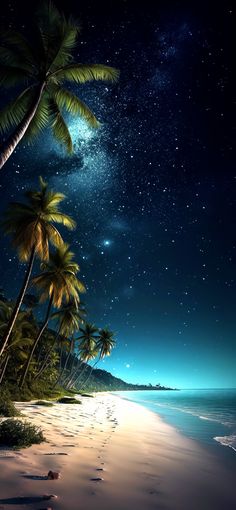 the night sky is filled with stars and palm trees, as well as footprints in the sand