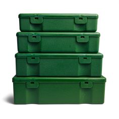 four green storage boxes stacked on top of each other