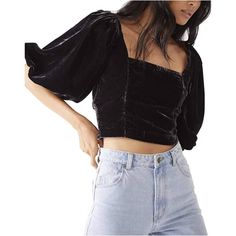 Nwt Free People Marie Velour Velvet Crop Puff Sleeve Tie Back Top S Velvet Tops Outfit, Black Velvet Top, Sassy Dress, Exaggerated Sleeves, Going Out Shirts, Velvet Crop Top, Open Back Top, Velvet Top, Top Outfit