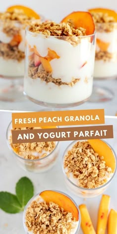 fresh peach granola and yogurt parfait in small glass dishes with text overlay