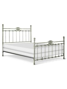 a metal bed frame with white sheets and pillows on top of it, against a white background