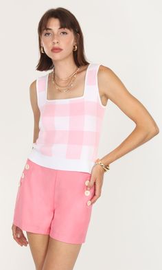 Adjust your look in multiple ways with this knit top. The sleeveless design makes the piece perfect for a summery look when styled with casual pants or shorts. But for a preppy fall and winter outfit, layer over with a cardigan or coat. Other than the pink plaid design being the most prominent feature, the flattering square neckline is also the star of the show. Square neck knit Gingham print Pink Ribbed Knit Self: 52% Viscose, 28% Polyester, 20% Nylon Length: 18 7/8" Chest: 15" Hand wash in col Gingham Cardigan, Cardigan Fits, Preppy Fall, Classy Aesthetic, Luxury Women Fashion, Garment Bag, Gingham Print, Plaid Design, Pink Plaid